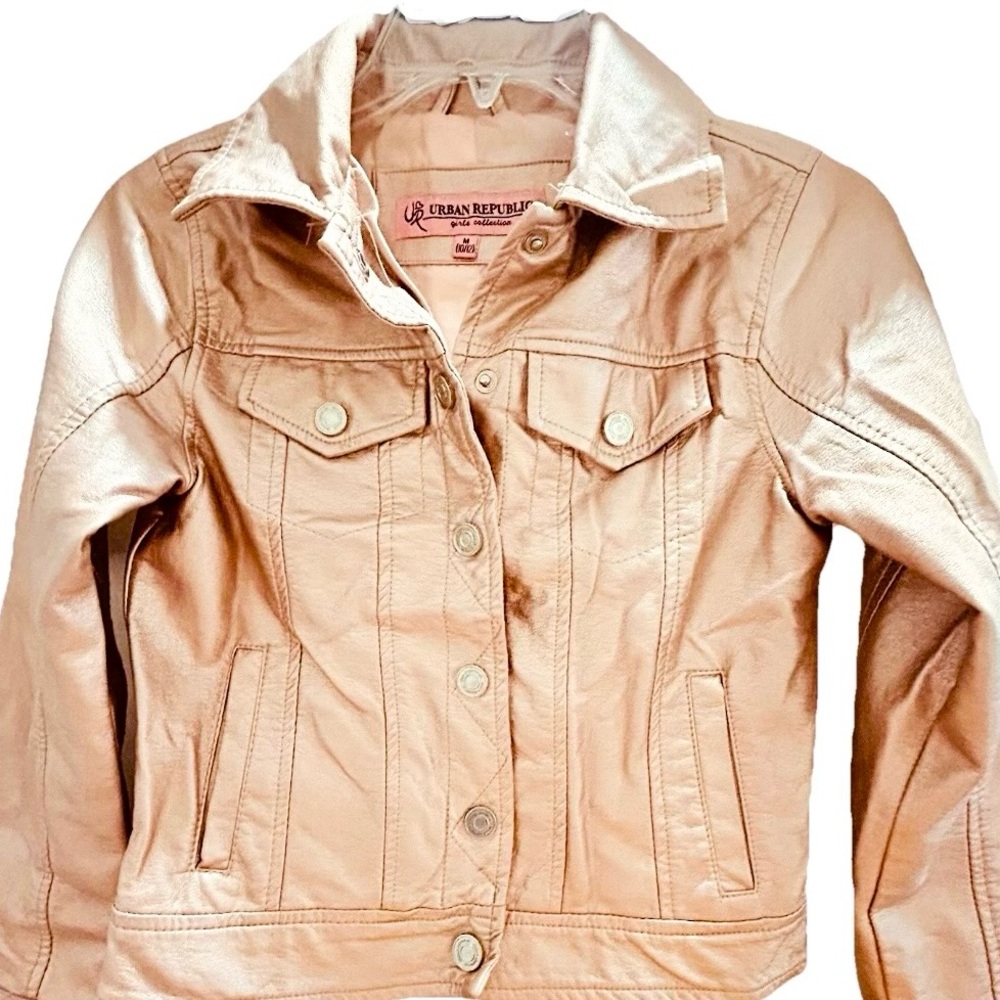 Urban Republic Girls Metallic Rose Faux Leather Jacket Pink Moto Size 10/12